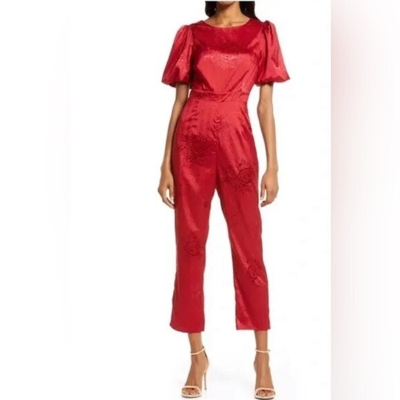 Lulu's Pants - Lulu's Time After Time Red Floral Jumpsuit Size Large